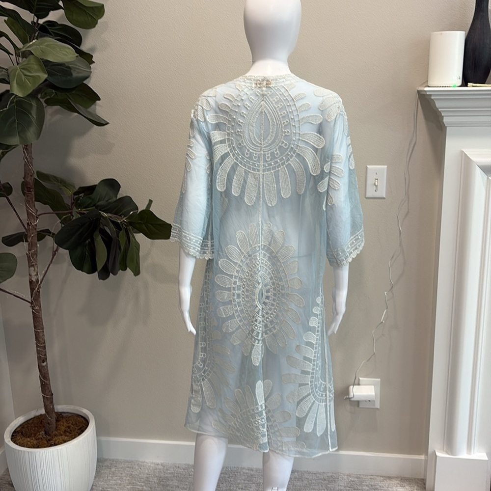 Rebellion Sheer Mesh Embroidered Beach Cover Up Cardigan Size M Blue Long Duster - Picture 12 of 14